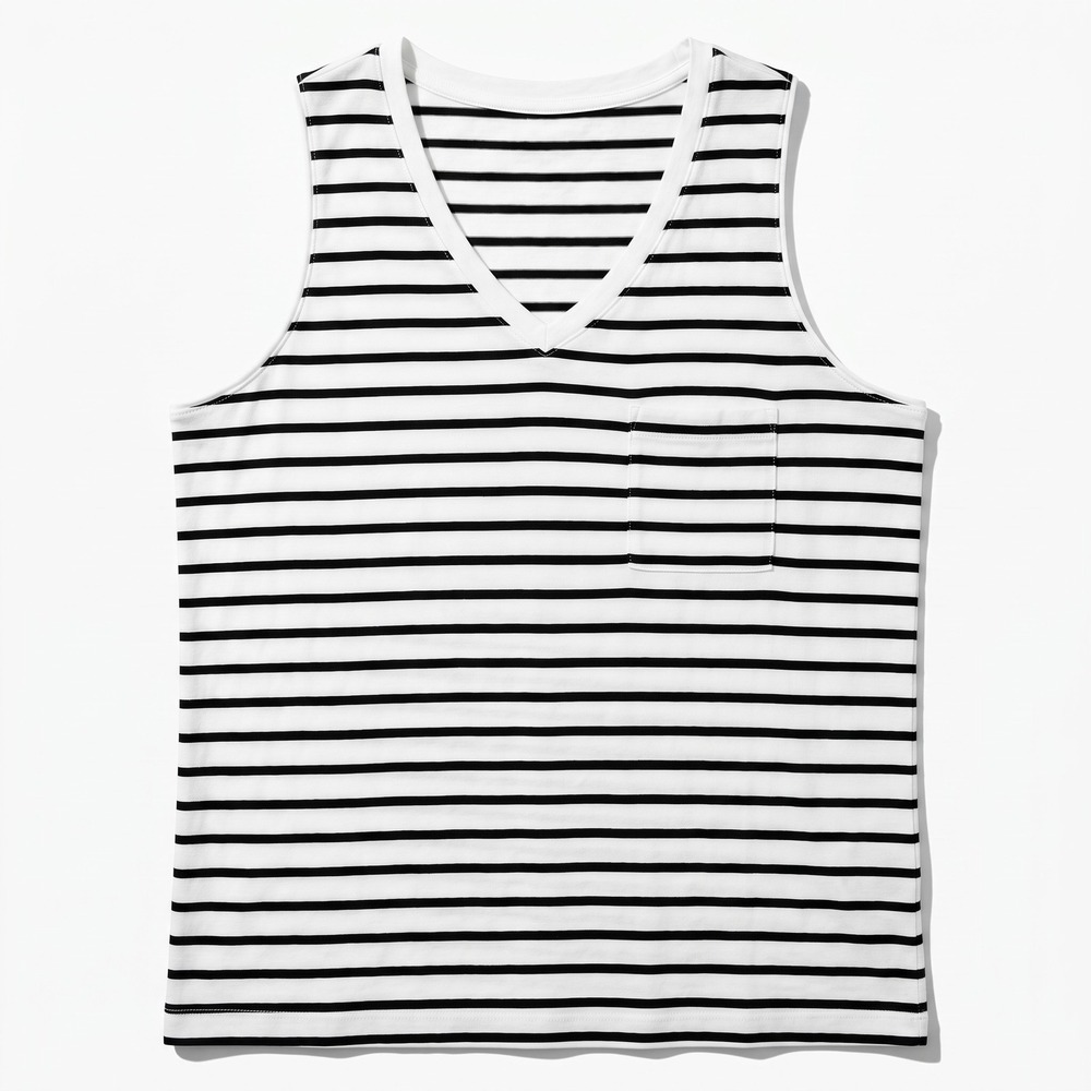 Time and Tru M 8-10 White Black Striped Womens V-Neck Pocket Tank Casual Coastal